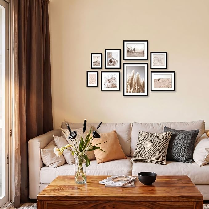 ArtbyHannah Gallery Wall Frame Set, 8 Pack Picture Frames Collage Wall Decor with Neutral Pampas Grass Art for Living Room, Assorted Size Including 11"x14", 8"x10", 5"x7"(Black Frame)
