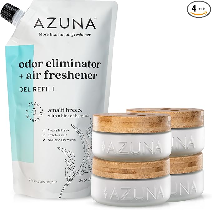 Azuna Air Freshener & Odor Eliminator Gel 4 Room Kit, Includes (4) 8 oz. Empty Luxe Glass Jars & 24 oz. Refill with Tea Tree Essential Oil, Amalfi Breeze, Works 24/7 for 60-90 Days