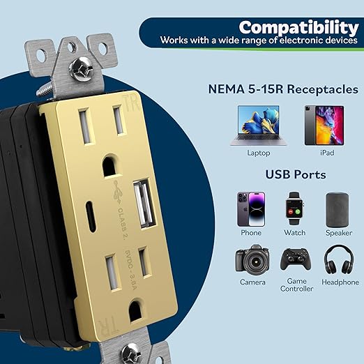 TOPGREENER USB Outlet, Type C & Type A Wall Outlet, 15 Amp Tamper Resistant Receptacle Plug, Charging Power Outlet with USB Ports, Wall Plate Included, UL Listed, TU21536AC-GDWSI-2PCS, Gold, 2 Pack