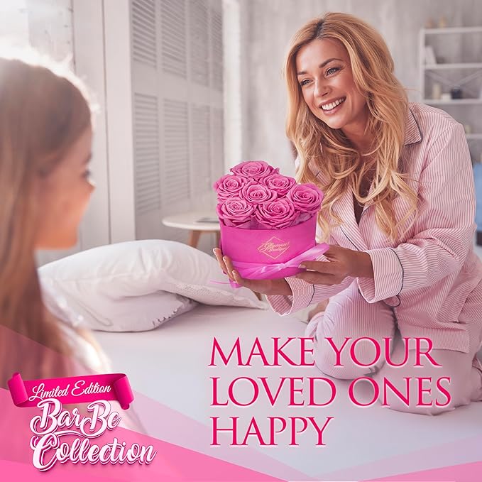 GLAMOUR BOUTIQUE 7 Flower Forever Heart Shape Box, Eternal Preserved Roses Gift for Her, Lasting Flowers, Petite Floral Heart Box for Birthday, Anniversary Valentine’s Day, Velvet Pink (Color-Treated)