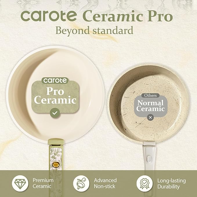 CAROTE 25-Piece Ceramic Cookware Set, Nonstick Pots and Pans Set with Detachable Handle, Non-Toxic Kitchen Cooking Set, Dishwasher & Oven Safe, Induction Compatible, PFAS Free, Green