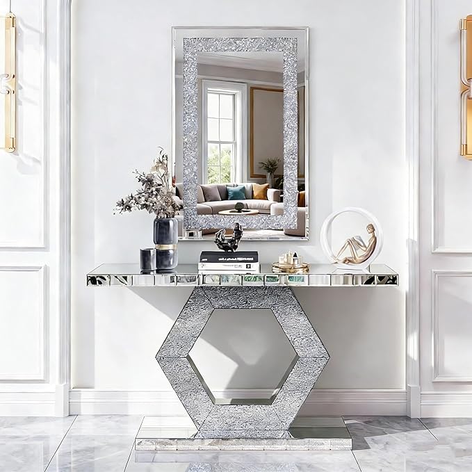 SSLine 2-Piece Set Mirrored Console Table with Wall Mirror, 55" Modern Mirror Entryway Table with Hexagon-Shape Base, Rectangle Crush Diamond Decor Mirror for Entryway Hallway
