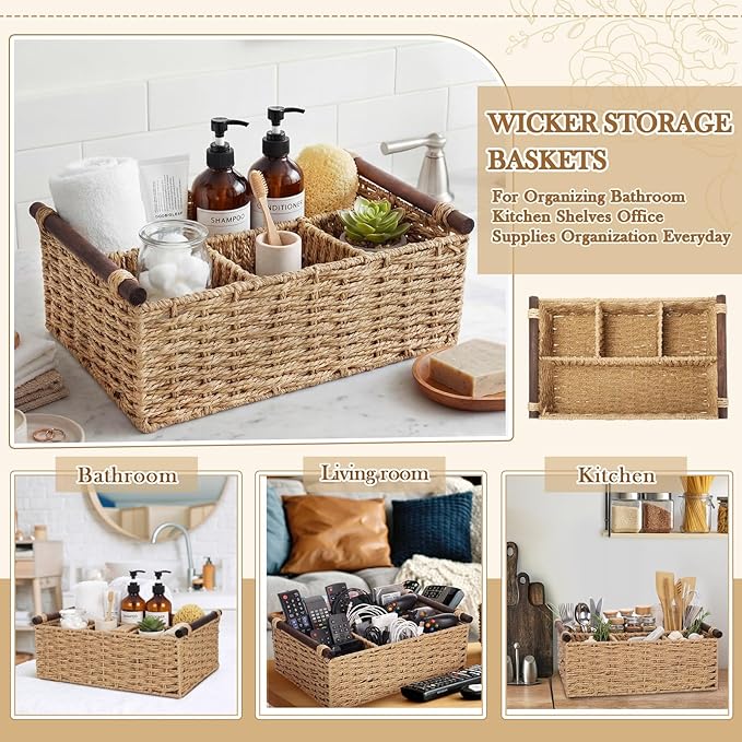 Remerry Beige Bathroom Countertop Organizer Caddy, Wicker-Like Divided Basket with Handle and Metal Frame, 4 Compartment, Paper Rope Storage Organizer for Vanity Kitchen (10.24 x 7.87 x 3.94 in)