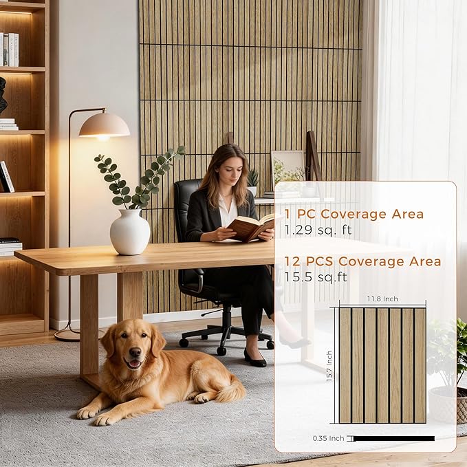 12 Pack PVC Wood Panels for Wall, 11.8 x 15.7 x 0.35 Inch Sound Absorbing Panels, 100% Polyester Fiber Soundproof Wall Panels for Interior Wall Decor for Home, Office, Studio, Theater,Teak