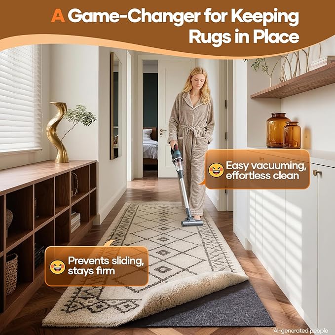 Veken Non Slip Cushioned Runner Rug Pad Gripper 2 x 12 Ft, Felt and Silicone Backing, 1/4 inch Thick, Carpet Liner Protector Mat for Area Rug and Hardwood Floors, with 99 Pcs Anti-Slip Strips Pattern