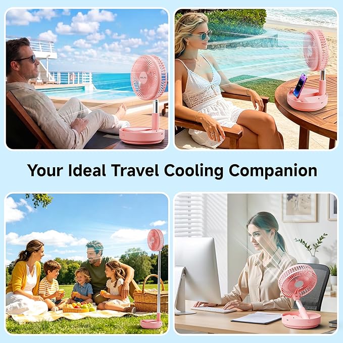 Belife X8 Portable Fan, 7200mAh Battery Powered Rechargeable, Oscillating USB Desk Floor Fan with Remote, Foldable Telescopic Fan for Home Bedroom Sleeping Office Camping Travel, 7.7" (Pink)