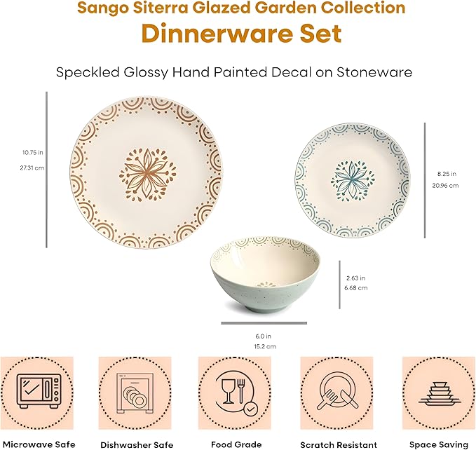 Sango 12-Piece Speckled Stoneware Dinnerware Set for 4- Glossy Plates and Bowls Set with Hand-Painted Floral Pattern, Rustic Ceramic Dish Set, Elegant Dishes for Everyday Dining, Siterra Glazed Garden