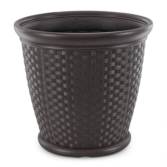 Suncast Sonora 4 Pack 22 Inch Plastic Wicker Indoor or Outdoor Decorative Garden Flower Planter for Entryways, Porch, and Backyard Patios, Dark Brown