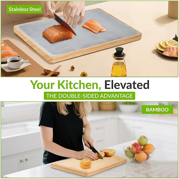 GR Kraft Stainless Steel & Bamboo Double-Sided cutting boards non toxic, Durable, Knife-Friendly Design, Microplastic-free, large cutting board Chopping Meat, Fish, Chicken, Bread, Fruits & More