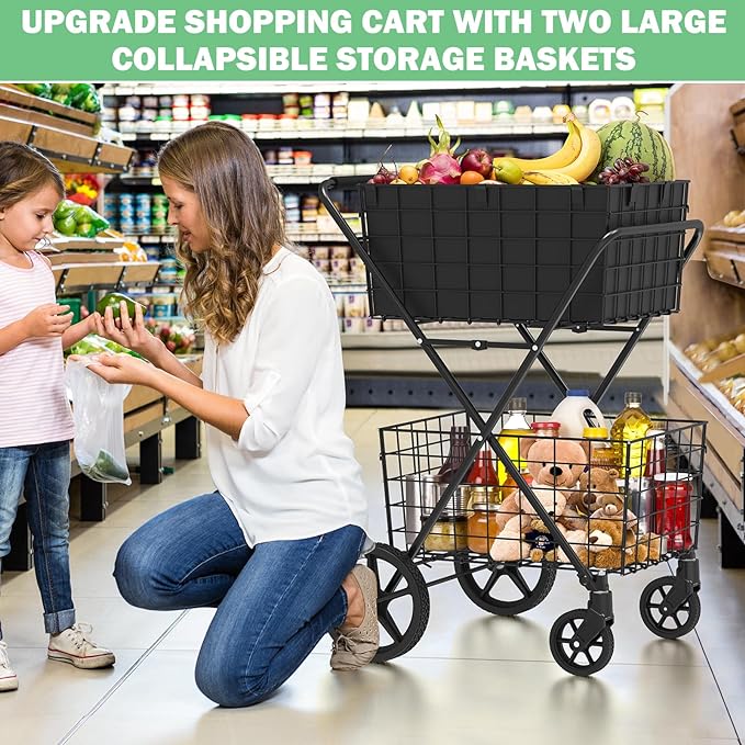 [𝐍𝐄𝐖] 2-Tier Extra Large Collapsible Grocery Cart On Wheels, 400lbs Shopping Cart for Groceries with 2 Removable Baskets, Waterproof Liner, Heavy Duty Foldable Shopping Utility Cart for Seniors