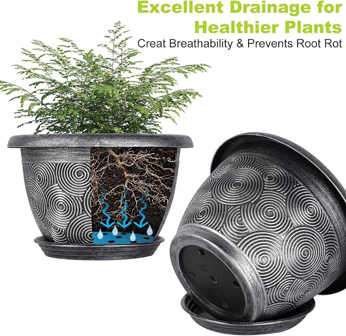 8-Inch-Plastic -Pots-for -Plant with Saucer, 4 Pack Outdoor Planters with Drainage Holes, Decorative Flower Pots for Indoor Plants, Modern 3D Swirl Silver Plant Pots with with Removable Tray