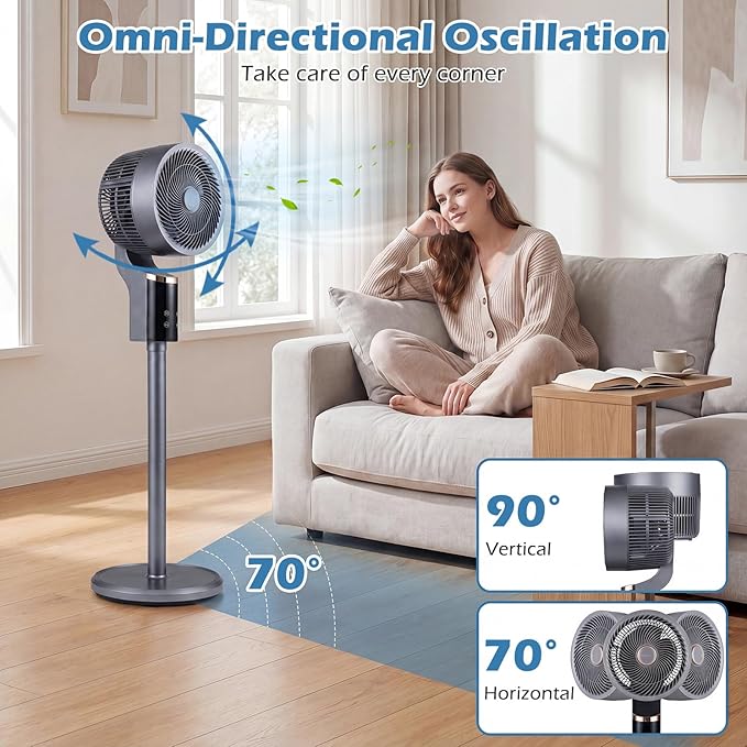 COSTWAY Pedestal Fan for Bedroom, Compact Oscillating Standing Fan with 70° Oscillation, 90° Tilt, 3 Adjustable Heights, 8 Speeds, 12H Timer & Remote, Quiet Table Fan for Home Office (Gray)
