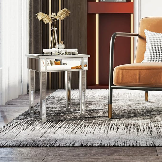 VINGLI Mirrored End Table with Drawer Silver Modern Nightstand/Bedside/Accent Table for Small Space,Living Room,Bedroom,15.7" L x 15.7" W x 24" H,Mirror