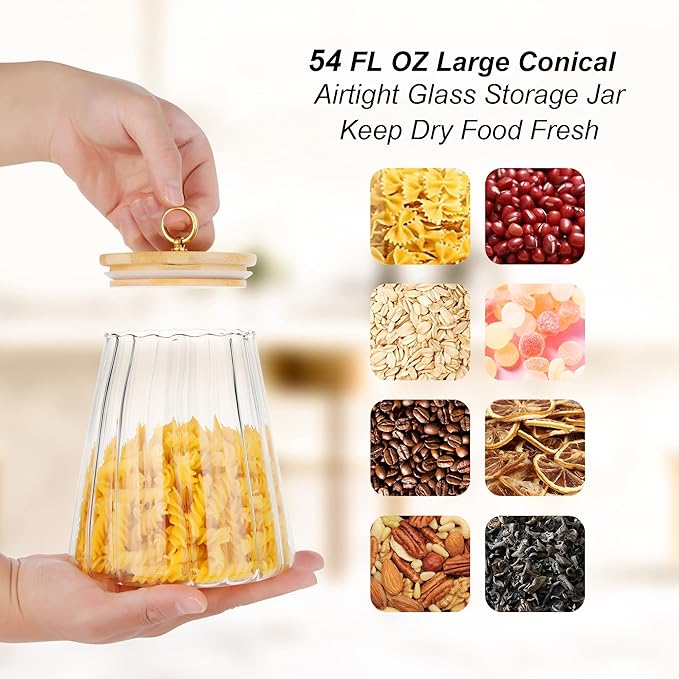 Glass Coffee Nuts Canister Airtight Storage Jar Petal Decorative Container with Bamboo Lid Metal Handle Easy to Grasp 1600ml, 54 FL OZ (Large Conical)