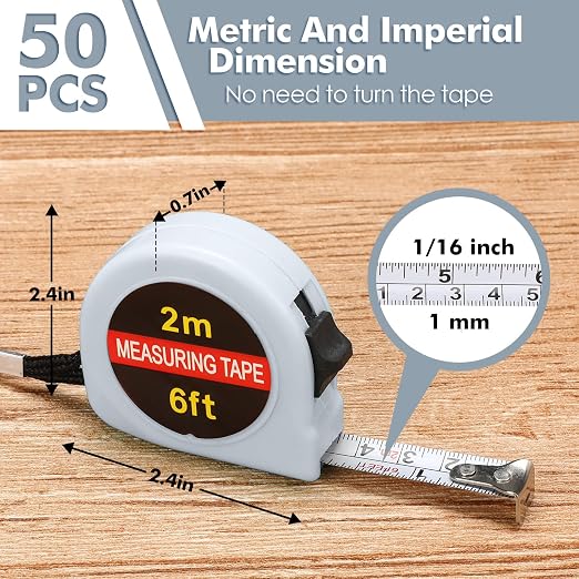 Copkim 50 Pcs Small Tape Measure Bulk 6 Ft 2M Mini Measuring Retractable Metric Tape Measure and Inch, Portable Easy to Read Measurement for Adults Prizes Construction Tool Party Favors (White)
