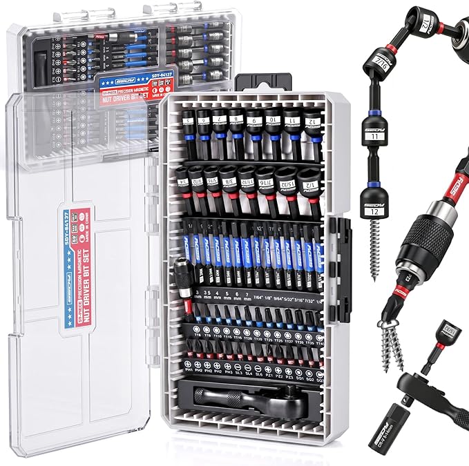 59-Piece Magnetic Nut Driver Bit Set, SAE and Metric Nut Drivers with Screwdriver Bits, Ratchet Wrench, Quick-Change Bit Holder and Storage Case for Automotive Repair, Home Repair and DIY Projects