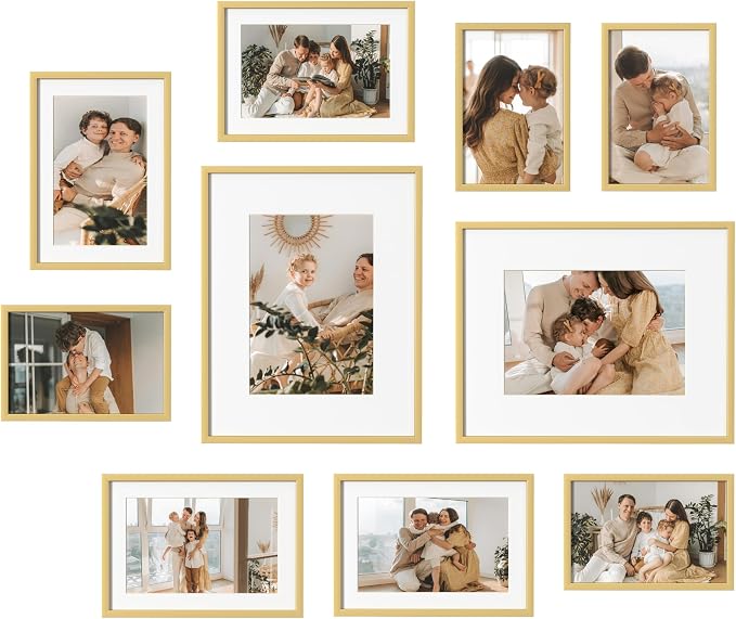 eletecpro Aluminum Gallery Wall Frame Set of 10 with Glass Cover, Gold | Including 2Pcs 8x10, 4Pcs 5x7, 4Pcs 4x6 Photo Frames, Multiple Sizes Picture Frames Collage Wall Decor or Tabletop Display