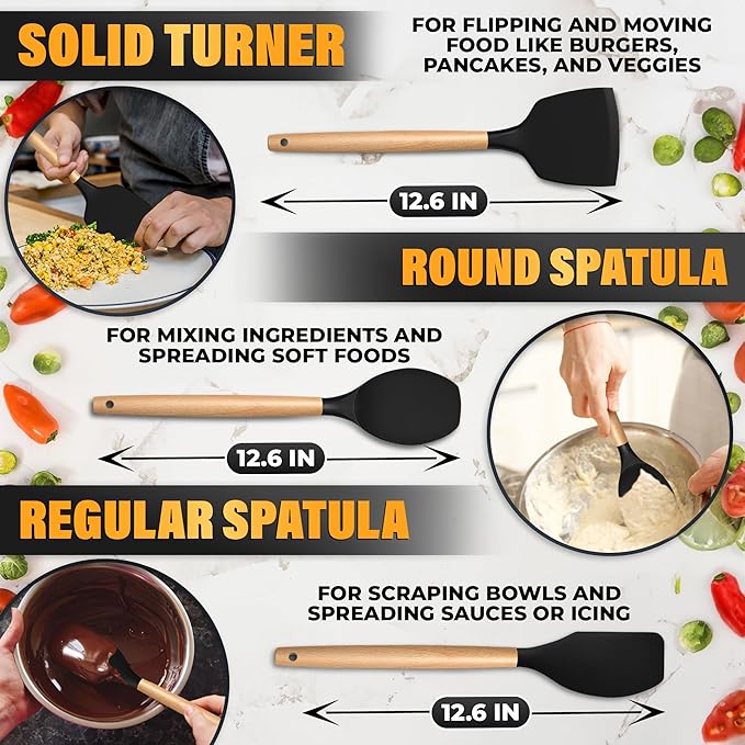 14 Pcs Black Kitchen Utensils Set with Holder for Nonstick Cookware - Silicone Cooking Utensils Set, Kitchen Tools for Daily Cooking - Wooden Handle Cooking Tools for Baking Serving and Mixing Tasks