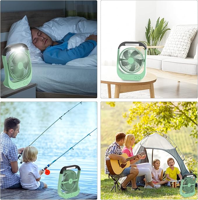 ATEngeus USB Desk Fan with 10000mAh Battery, 4 Speeds, 8“ Portable Camping Fan, 180°Rotation, LED Light, Timer, for Camping, Travel, Office and Home Use