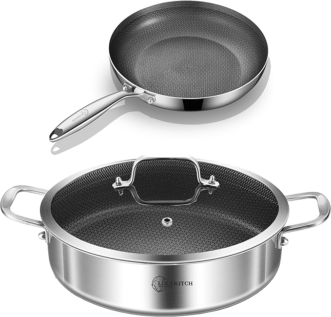 LOLYKITCH 6QT Tri-Ply Stainless Steel Sauté Pan with Lid + 8" Nonstick Fry Pan Set, Detachable Handle, Induction Compatible, Oven-Safe, PFOA-Free Cookware for Searing, Frying & Everyday Cooking