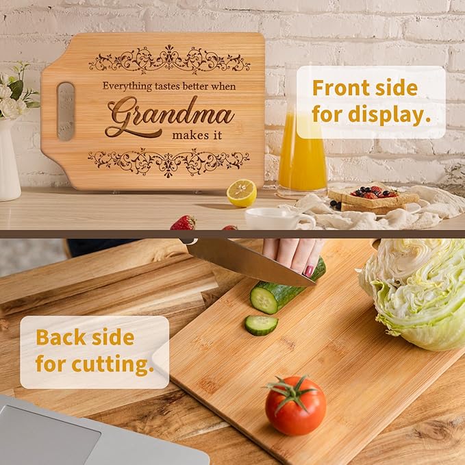AceThrills Grandma Gifts for Grandma Birthday Gifts from Grandkids for Mother's Day - Engraved Bamboo Cutting Board 13.78"L x 9.84"W x 0.4"Th (Everything Tastes Better)