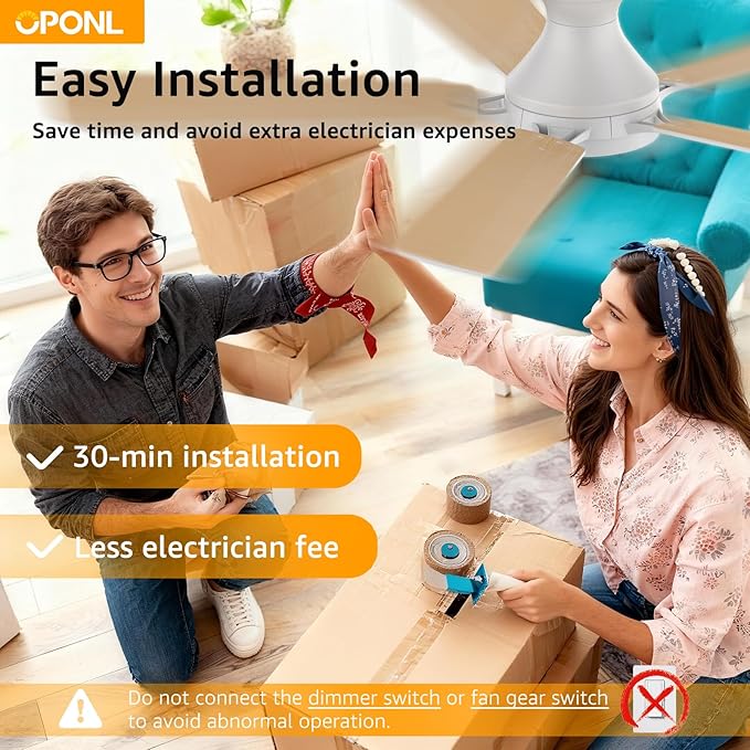 OPONL 52 Inch White Ceiling Fan with Light, Remote Control, Low Profile, Noiseless, Reversible, Dimmable, Timeable, Metal Housing, Flush Mount Ceiling Fans with Lights for Bedroom, Indoor/Outdoor Use