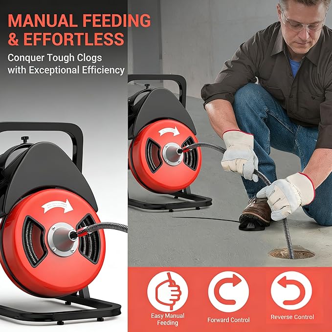 Garvee 50FTx1/2 Inch Drain Cleaner Machine with Wheels, Sewer Snake Electric Drain for 2" to 4" Pipes, Plumbing Snake Auger Cleaner with 6 Cutter & Foot Switch for Sewer, Sink, Toilet, Bathroom