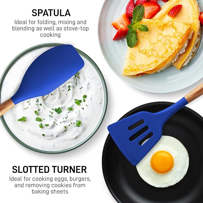 Zulay Kitchen Non-Stick Silicone Cooking Utensils Set with Acacia Wood Handles - 5 Piece Set - Heat Resistant to 464F - Dark Blue
