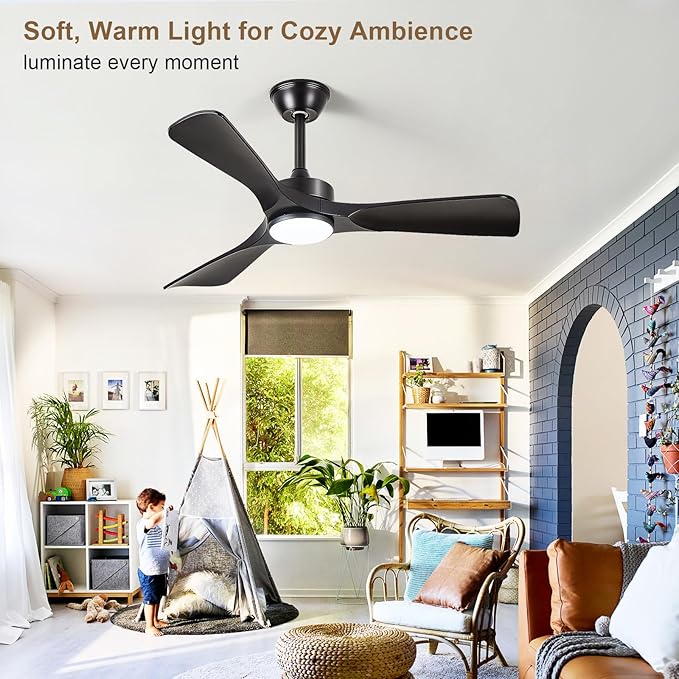 Black Ceiling Fan with Light: 42-Inch Ceiling Fan 3 Blades Low Profile Outdoor - Modern Ceiling Fans with Remote APP Control Quiet Reversible DC Motor for Patio Living Room