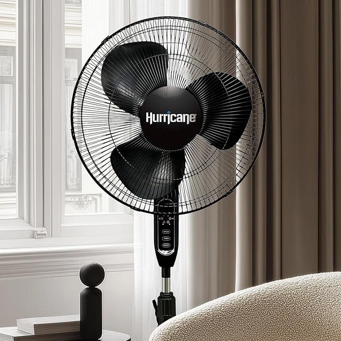 Hurricane Supreme Oscillating Pedestal Stand Fan with 3 Quiet Speeds, Black, 16" - Corded Electric Air Cooling Unit with Remote Control & Adjustable Height for Home, Apartment, Workshop or Office