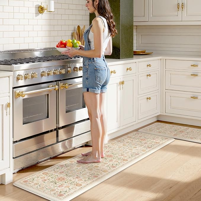 KIMODE Cushioned Kitchen Floor Mats Cushioned Anti Fatigue,Farmhouse Boho Floral Kitchen Runner Rug 2 Piece,Long Memory Foam Standing Carpet for Laundry Sink Office,Beige