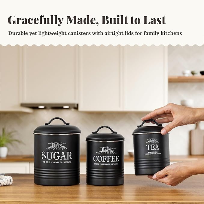 noonberry Kitchen Canisters for Countertop – 3-Piece Airtight Kitchen Canister Set – Sugar Coffee Tea Containers for Kitchen Counter – Matte Black Finish