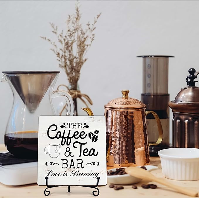 Coffee Bar Sign, Love is Brewing Farmhouse Tabletop Decor, Coffee and Tea Lover Gifts, 5x5 Wood Plaque with Iron Stand for Home Kitchen Cafe, Coffee Bar Decor – L07