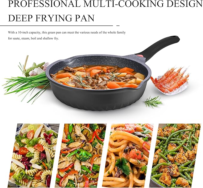 Vinchef 12.5Inch Black Deep Nonstick Skillet with Lid | Cooktop Compatible,deep fry pan, temp indicator,Anti-scratch,anti-stain,induction-ready.Durable,great for sauté frying