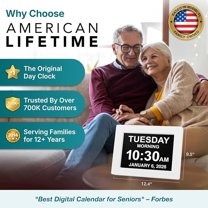 American Lifetime New 2026 Dementia Clock Large for Seniors, Digital Clock Large Display with Custom Alarms, Clock with Day & Date for Elderly, Number Digital Clock 12 Inches White