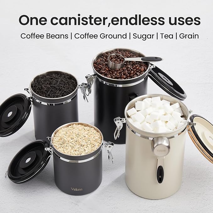 Veken Coffee Canister, 39OZ Large, Airtight Stainless Steel Food Storage Container for 2.2lbs Coffee Beans,Ground, Sugar,Espresso,Rice,Tea,Flour, Cookie, Jars,Home Kitchen Bar Accessories, Gifts,Gray
