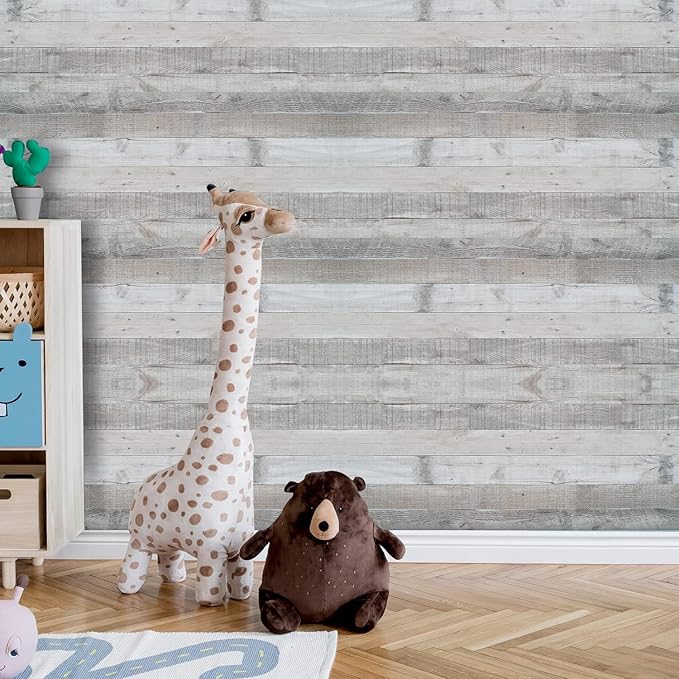 Wenmer Grey Wood Shiplap Peel and Stick Wallpaper - 17.71" x 236" Self-Adhesive Wood Plank Wallpaper for Cabinets, Kitchen Shelves, Drawers, Doors