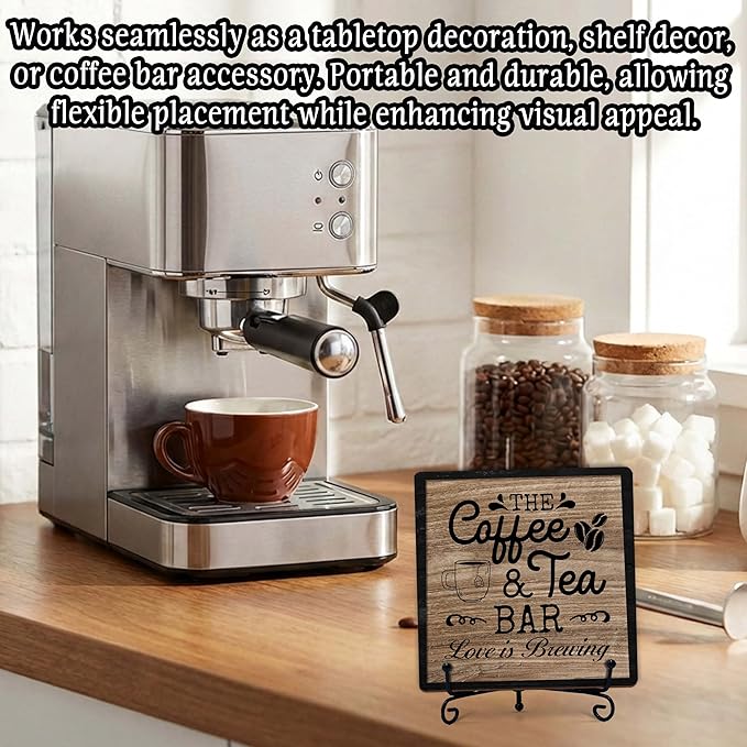 Coffee Bar Sign, Love is Brewing Farmhouse Tabletop Decor, Coffee and Tea Lover Gifts, 5x5 Wood Plaque with Iron Stand for Home Kitchen Cafe, Coffee Bar Decor – L02