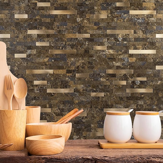 StyloVue 20 Sheets Peel and Stick Backsplash for Kitchen, Rust Slate with Metal Gold Look Stick on Tile Upgrade Your Kitchen Backsplash, RV, Fireplace