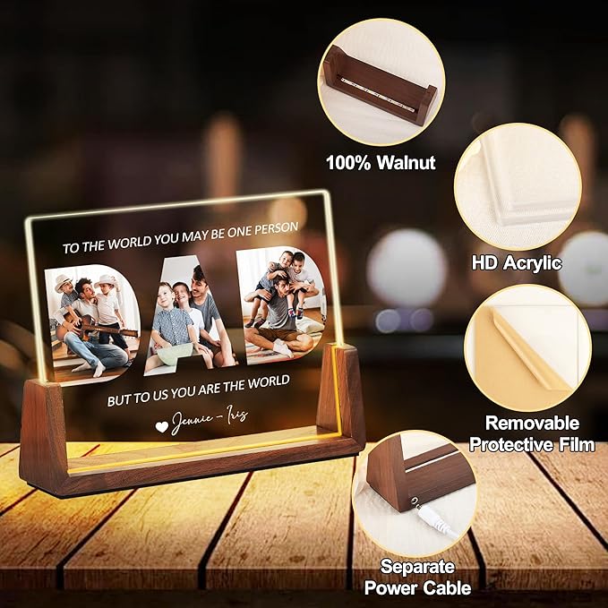 Fathers Day Birthday Personalized Gifts For Dad From Daughter Son Kids Wife, Custom Acrylic Plaque Picture Frame Night Light With Photo Name, Customized Christmas Gifts For Dad Papa Husband Men