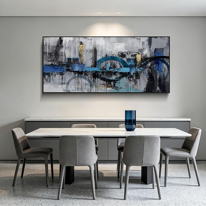 Abstract Wall Art for Living Room Bedroom Above the Sofa Picture Artwork | Extra-Large Size 70x31 Inches Made of Canvas with a Black Frame This Blue-Gray-Gold Piece Offers Minimalist Luxury Wall Decor