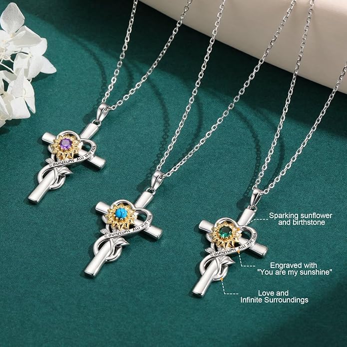 Iefil Mothers Day Gifts for Wife Mom - Sunflower Cross Necklace, 925 Sterling Silver Birthstone Necklace for Women Wife Mom
