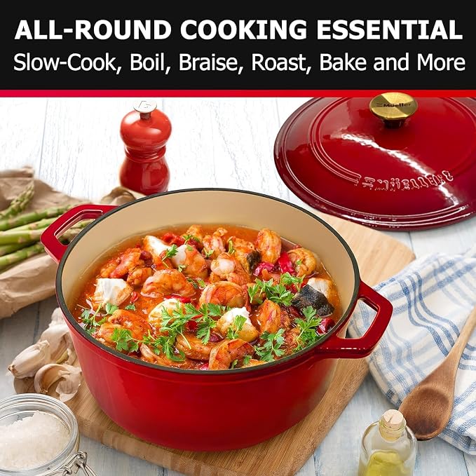 MUELLER HOME 4.5 QT Enameled Cast Iron Dutch Oven, Heavy-Duty Casserole Dish and Braiser Pan with Lid and Stainless Knob, Oven-Safe up to 500° F & Across All Cooktops, Red | Casserole Dish and Braiser Pan, Lid with Stainless Knob, Oven-Safe up to 500° ...
