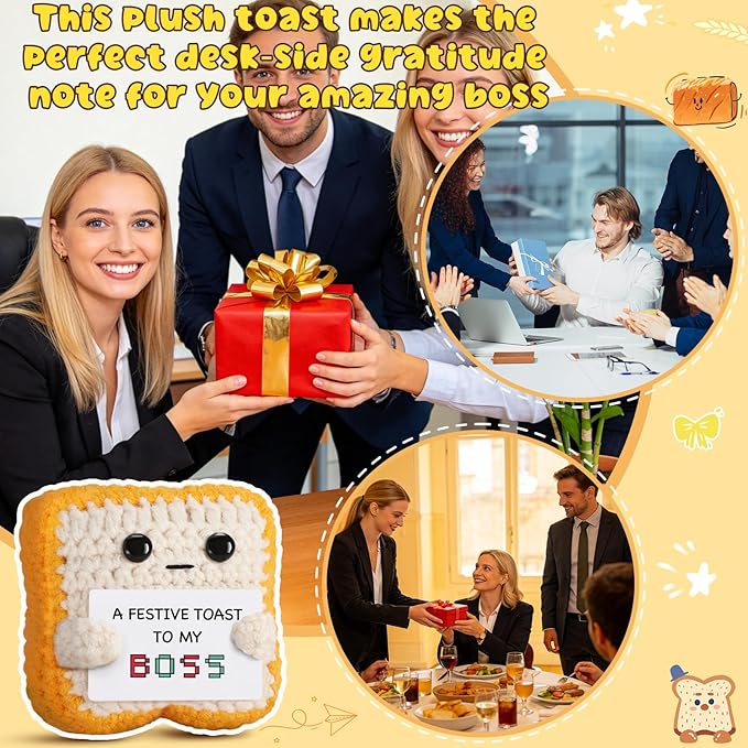 Gifts for Boss “A Festive Toast to My Boss” Handmade Crochet Toast Plush, Funny Thank You Appreciation Gift for Women Men Boss, Coworker, Manager, Supervisor, Leader – Office Christmas Decor Gift