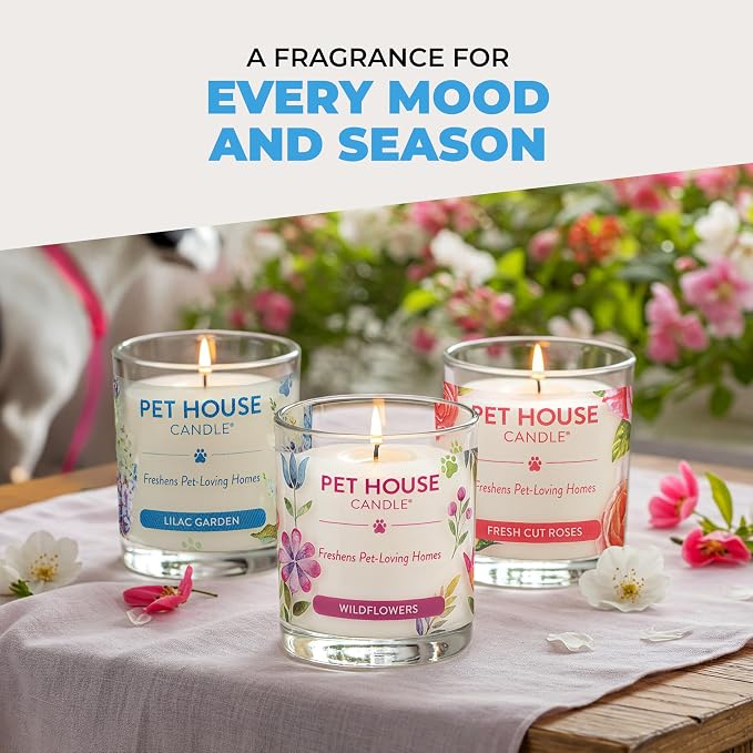 Pet House Candles, Plant-Based, Long Lasting, Clean Burning Scented Candles for Pet Odor - Lilac Garden, 2 Pack