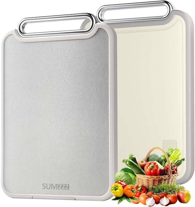 Sumzzz 2-in-1 Stainless Steel Cutting Board, Double-Sided for Raw Meat & Vegetables, Dishwasher Safe, Easy to Clean, Non-Slip Large Chopping Board with Juice Groove, Ideal for Home Kitchen (16”×11”)