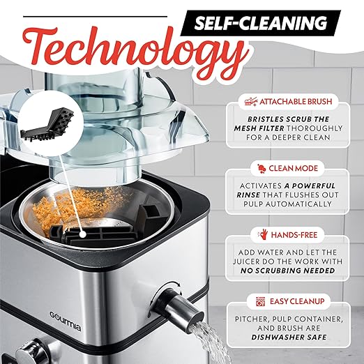 Gourmia Centrifugal Juicer - 6 Speed Digital Juice Extractor with Extra-Wide Chute, Pulse Mode, Self-Clean Cycle, 36 oz Pitcher, Pulp Container & Cleaning Brush, Stainless Steel