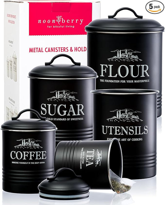 noonberry Kitchen Canisters for Countertop – 5-Piece Airtight Canister Sets for the Kitchen Counter with Utensil Holder – Flour Sugar Coffee Tea Containers – Matte Black Finish