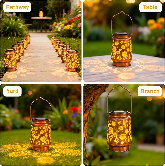 ANYTALK 2 Pack Sunflower Solar Lantern Lights, Outdoor Lanterns Garden Decor, Hanging Solar Lantern for Backyard Porch Patio Table Yard Balcony Lawn Pathway, Gifts for Women Grandma Mom