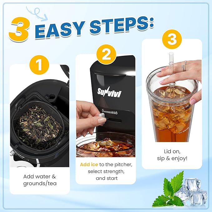 Iced Tea Maker Machine with 20OZ Pitcher, Cold Brew Coffee Maker with Reusable Filter, Strength Control for Flavor, Compact Single Serve Machine for Grounds/Tea for Home & Office, Black